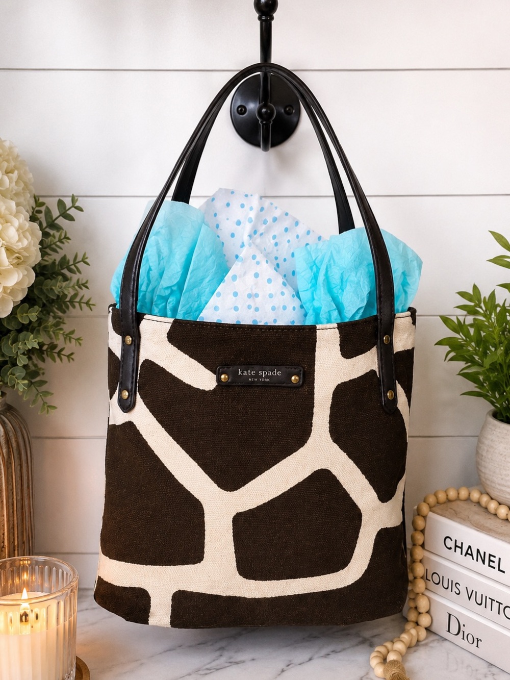 Kate Spade Capetown Isabel Small Tote Brown Cream Giraffe Print Canvas Leather